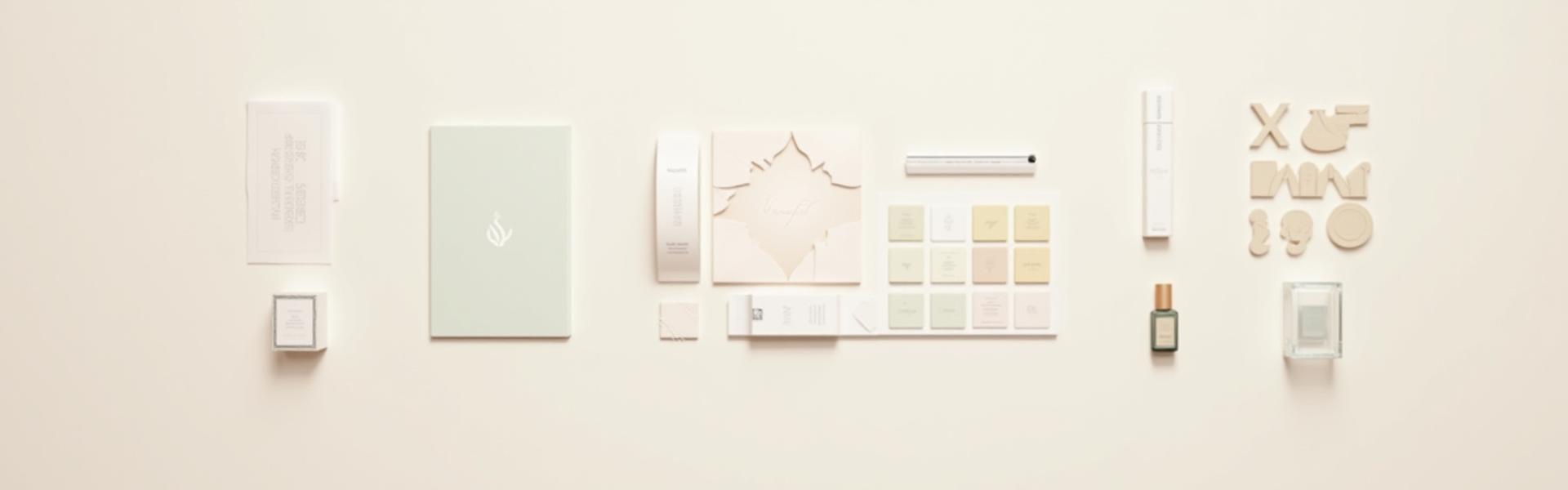 ブランディングガイドラインの一部、ロゴ、カラーパレット、フォント見本、パッケージモックアップが抽象的に配置された背景