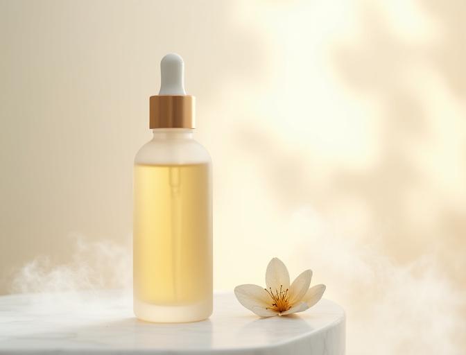 透明な再生ガラス瓶とFSC認証紙の外箱に入った高級美容液