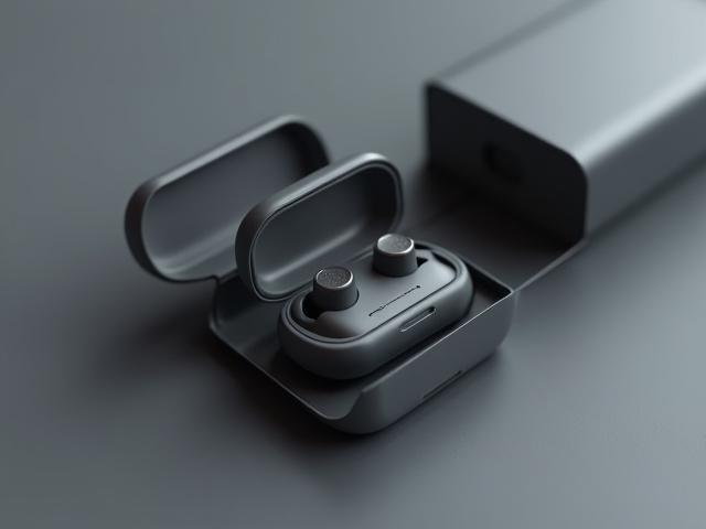 NFCタグが埋め込まれたモダンなワイヤレスイヤホン充電ケースのパッケージ