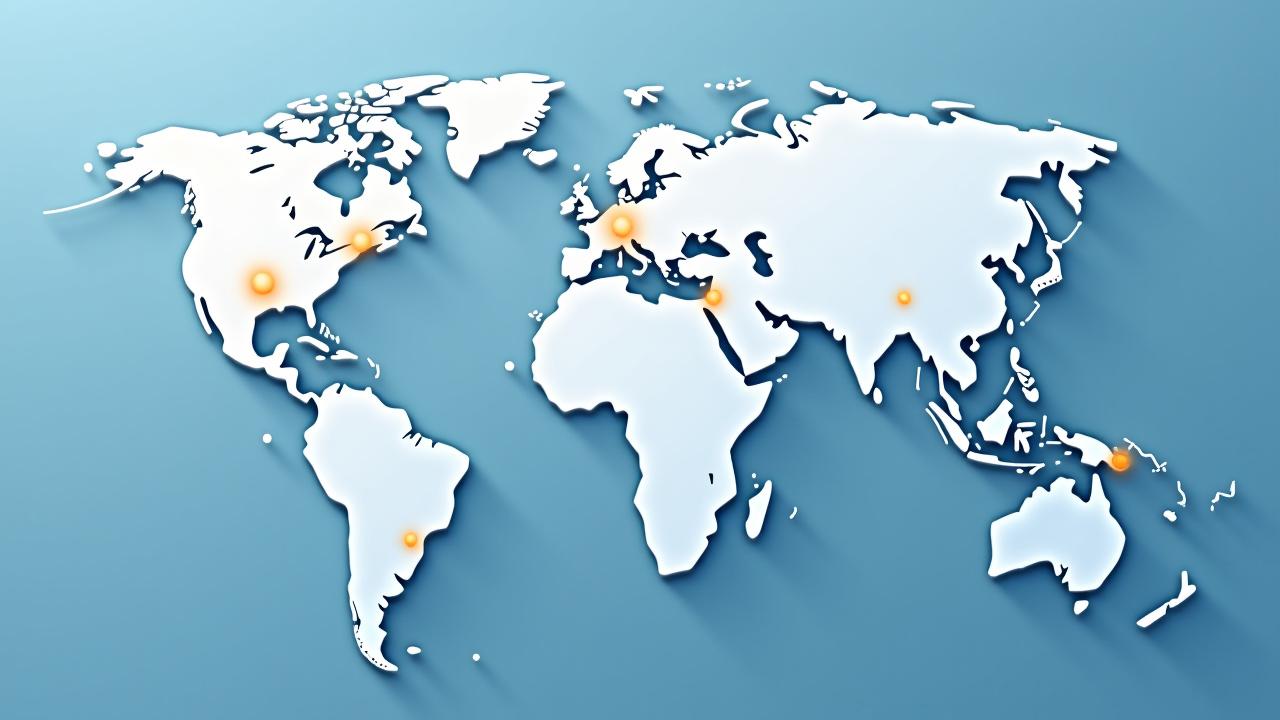 世界地図と、東京、ロッテルダム、ロサンゼルスなど主要拠点を示す物流ネットワークの図